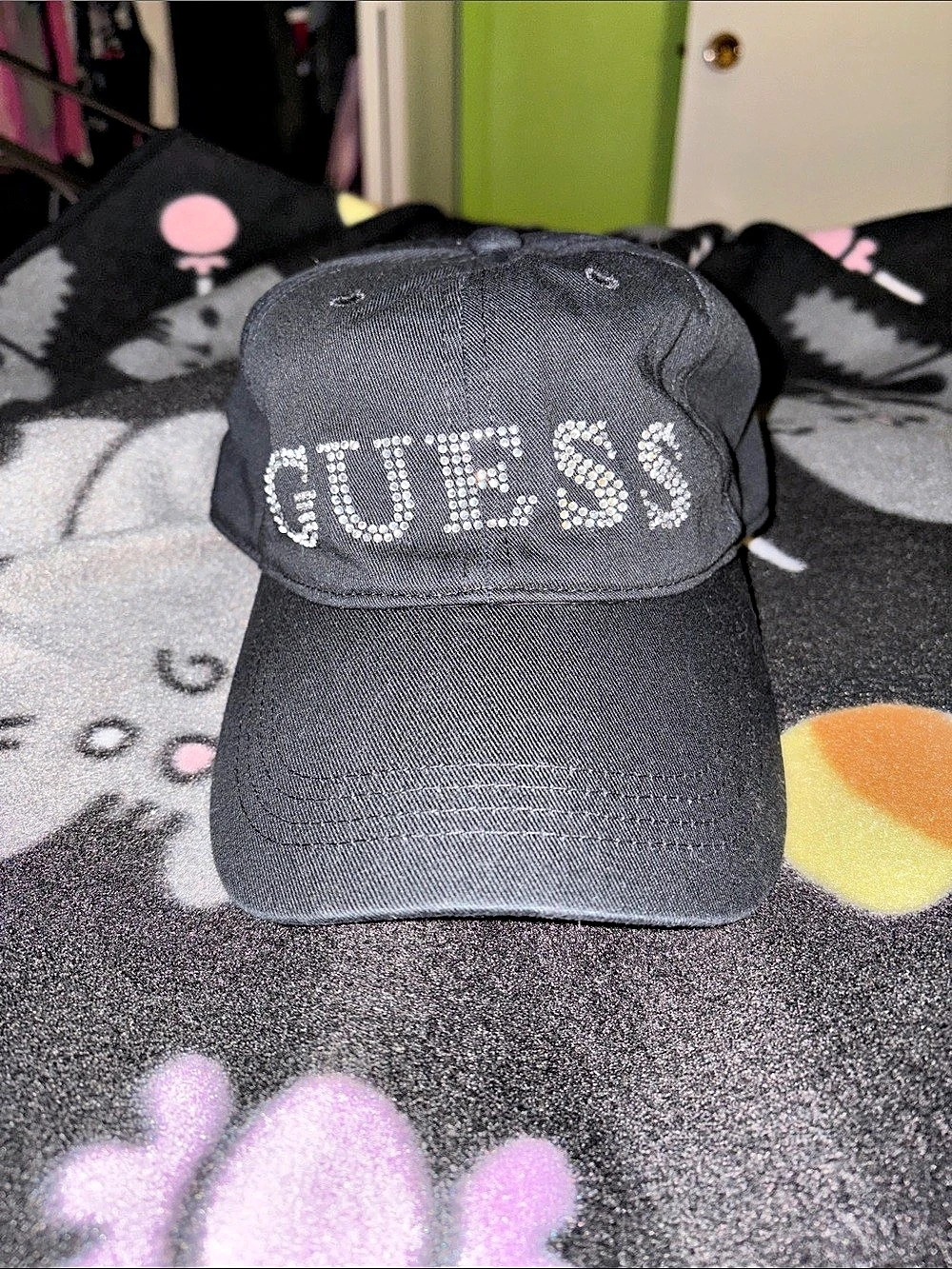 Guess Rhinestone Logo Baseball Cap in Black